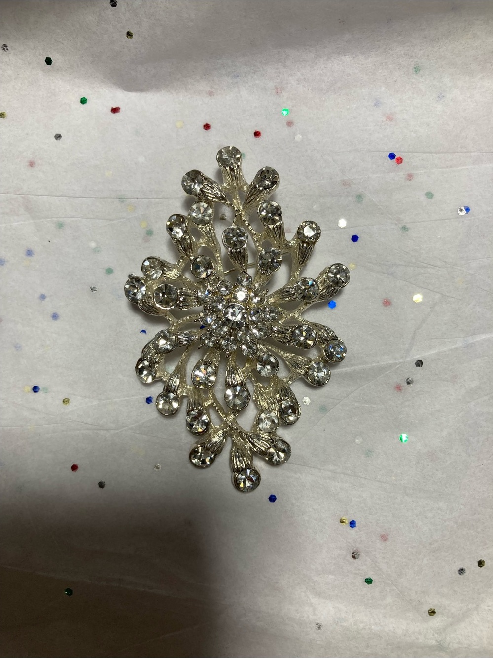 Source Unknown silver and Clear Crystal Floral Brooch